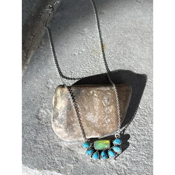 Sterling Silver Turquoise Opal Cluster Necklace 16-18” Southwest Pendant Gift - Picture 10 of 10